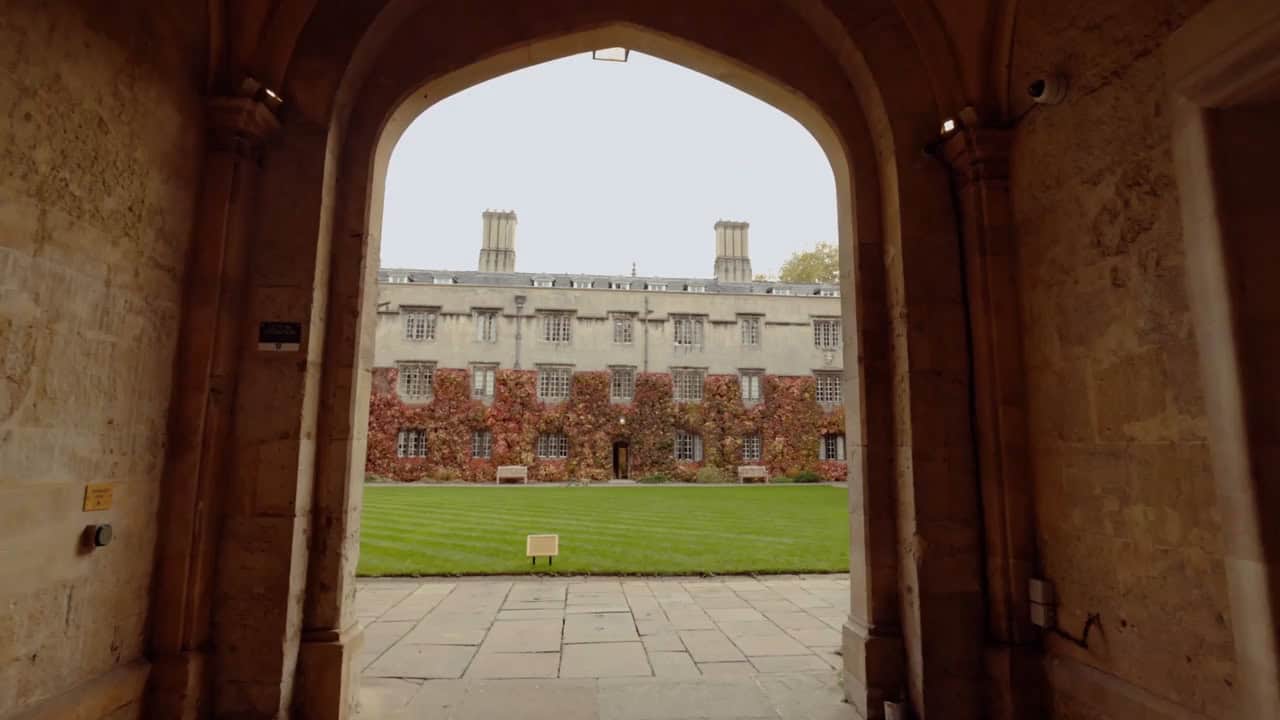 View through a large stone archway onto a manicured lawn and historic stone building covered with autumn-coloured ivy.